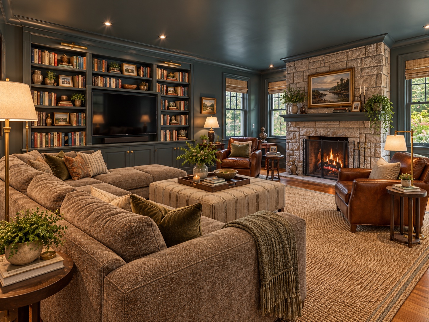 A slate-blue library with floor-to-ceiling bookshelves, a stone fireplace, leather armchairs, and a deep sectional